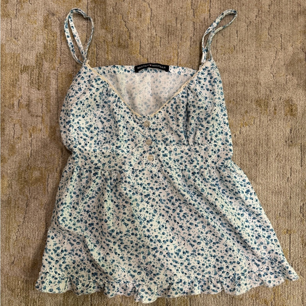BRANDY MELVILLE Blue floral babydoll tank top
